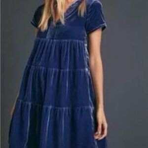 Maeve Anthropologie whimsical Bohemian Deep Blue Tiered velvet Midi Dress